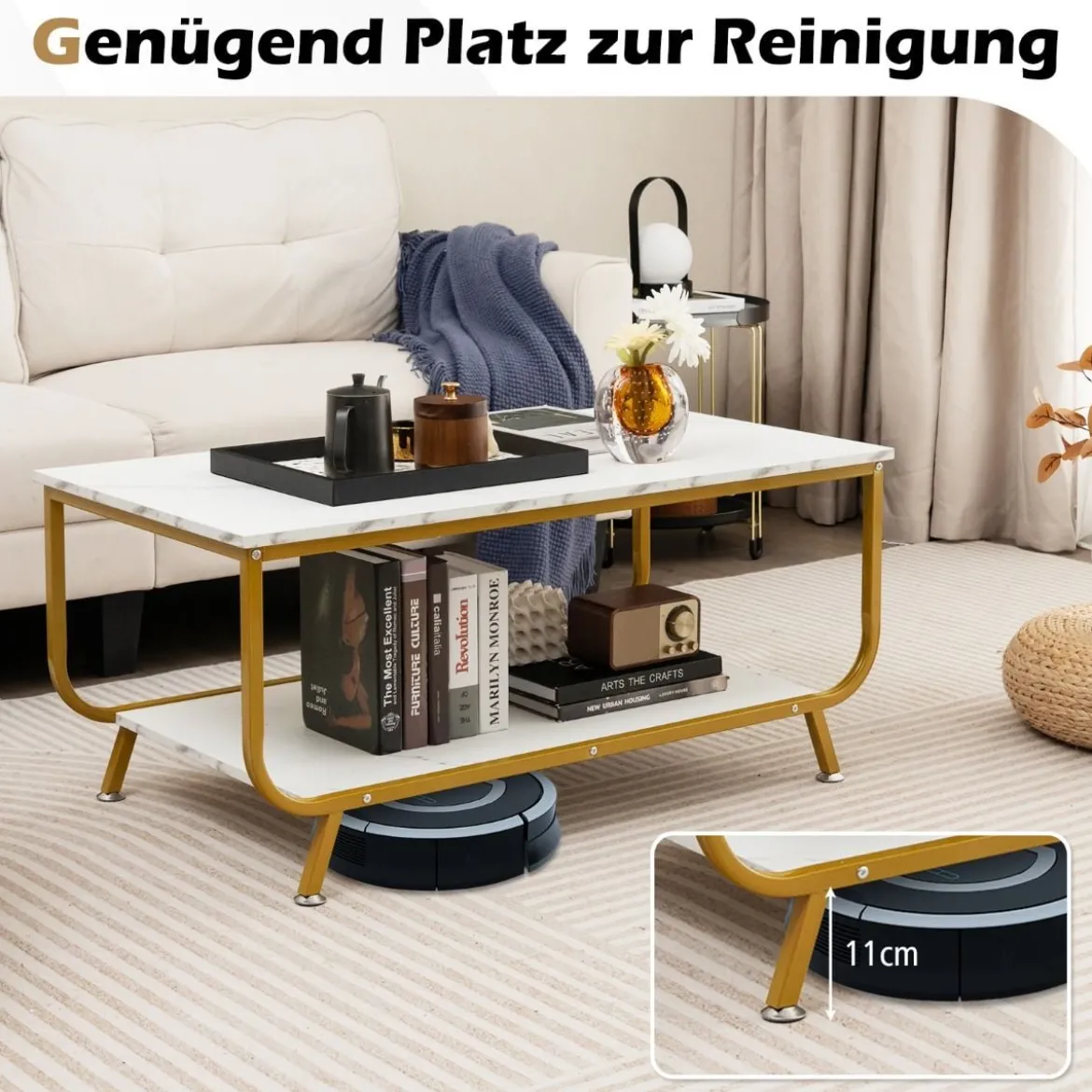 Marmor Couchtisch Rechteckiger Couchtisch mit 2 Ebenen 105 x 55 x 46,5 cm Weiß