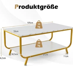 Marmor Couchtisch Rechteckiger Couchtisch mit 2 Ebenen 105 x 55 x 46,5 cm Weiß