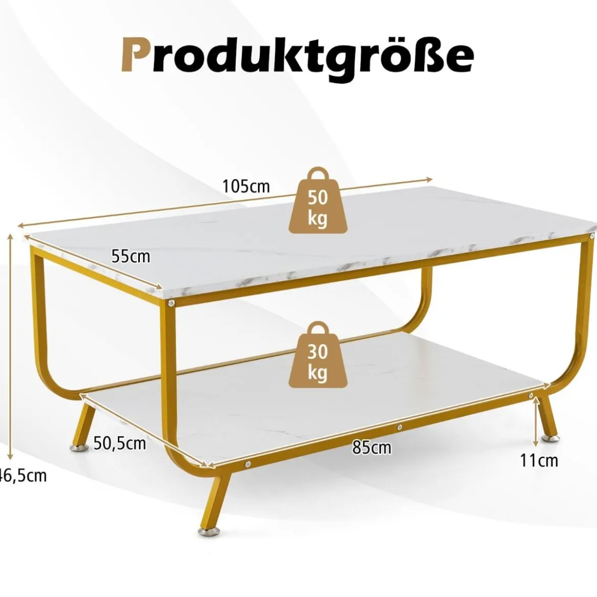 Marmor Couchtisch Rechteckiger Couchtisch mit 2 Ebenen 105 x 55 x 46,5 cm Weiß