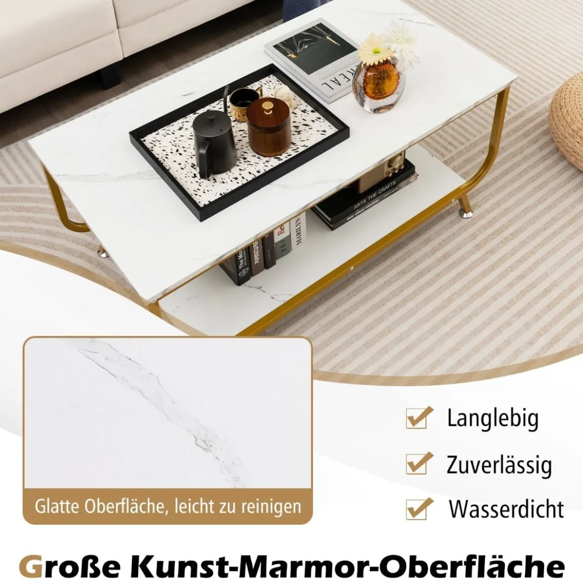 Marmor Couchtisch Rechteckiger Couchtisch mit 2 Ebenen 105 x 55 x 46,5 cm Weiß