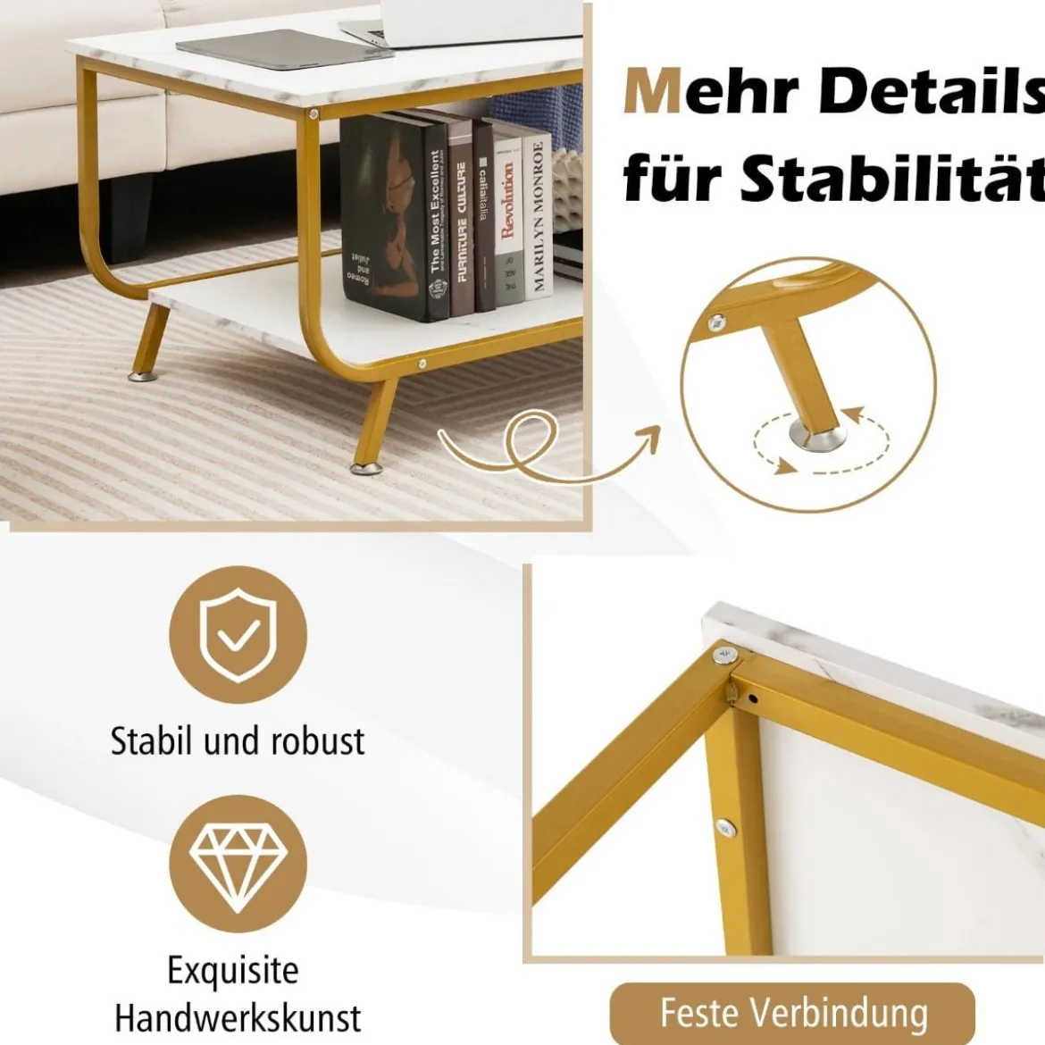 Marmor Couchtisch Rechteckiger Couchtisch mit 2 Ebenen 105 x 55 x 46,5 cm Weiß
