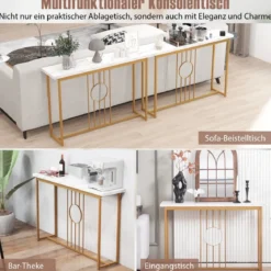 Marmor Optik Konsolentisch mit Metallgestell & Verstellbaren Fußpolstern Schmaler Beistelltisch