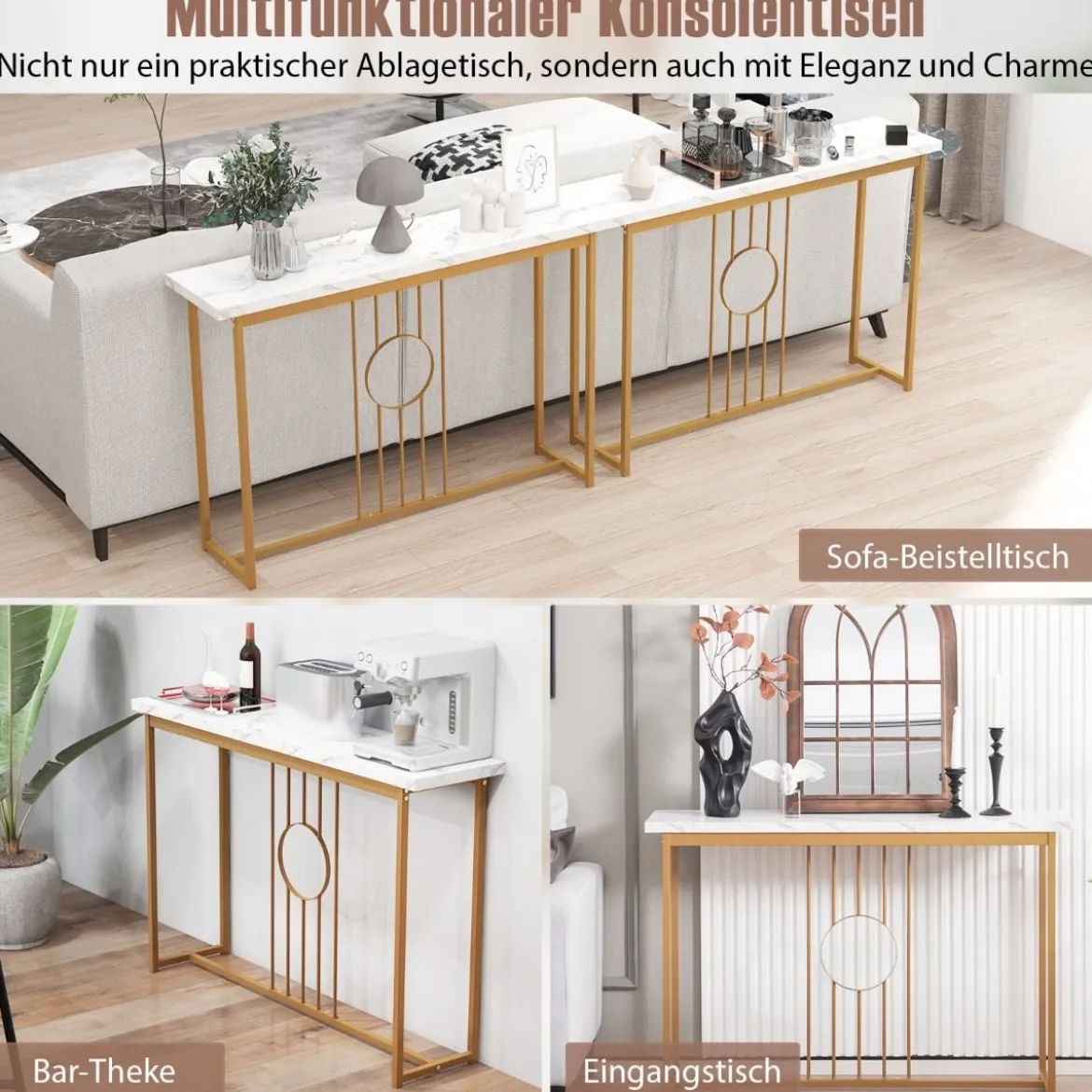 Marmor Optik Konsolentisch mit Metallgestell & Verstellbaren Fußpolstern Schmaler Beistelltisch