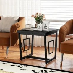 Marmor Quadratischer Beistelltisch Moderner Kaffeetisch mit Kunstmarmor Tischplatte Schwarz