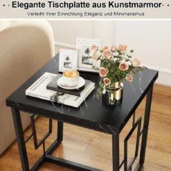 Marmor Quadratischer Beistelltisch Moderner Kaffeetisch mit Kunstmarmor Tischplatte Schwarz