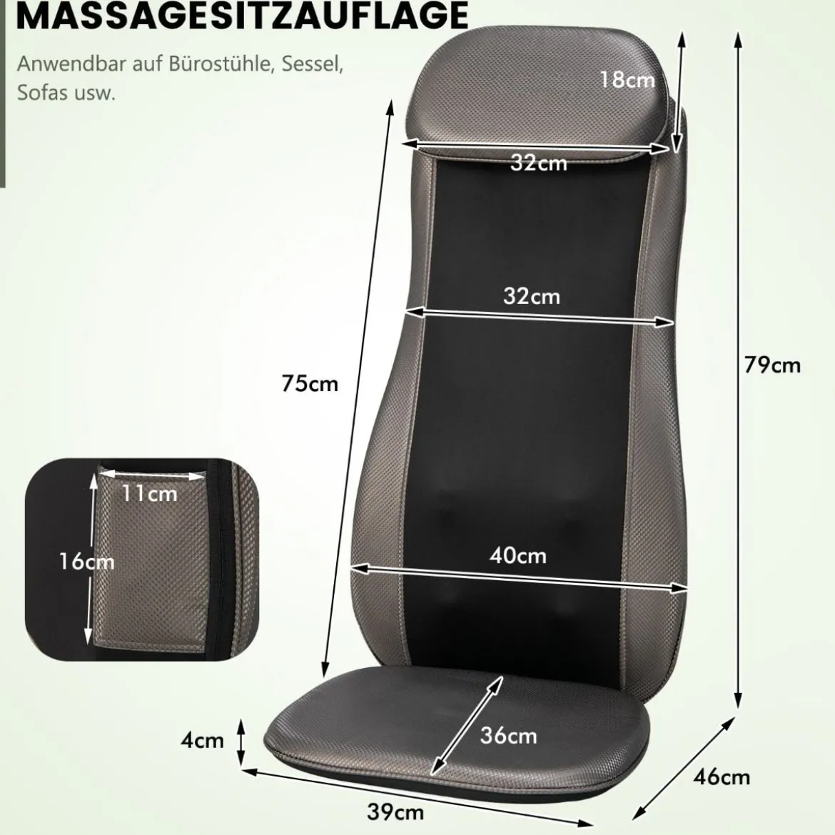 Massagesitzauflage Rückenmassaggerät mit Wärmefunktion und Vibrationsfunktion