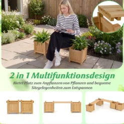 Massivholz Holzbank mit 2 Seitlichen Pflanzkästen Blumenkasten mit Gartenbank Sitzbank Natur