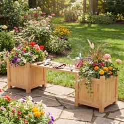 Massivholz Holzbank mit 2 Seitlichen Pflanzkästen Blumenkasten mit Gartenbank Sitzbank Natur