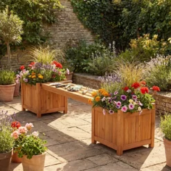 Massivholz Holzbank mit 2 Seitlichen Pflanzkästen Blumenkasten mit Gartenbank Sitzbank Orange