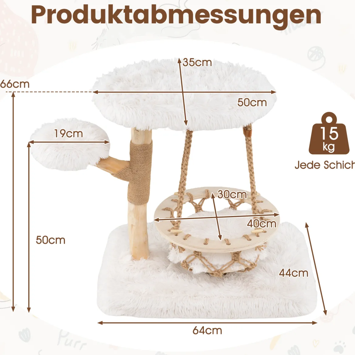 Massivholz Kratzbaum mit Hängender Wiege & Sisal-Kratzposten Moderner Katzenbaum