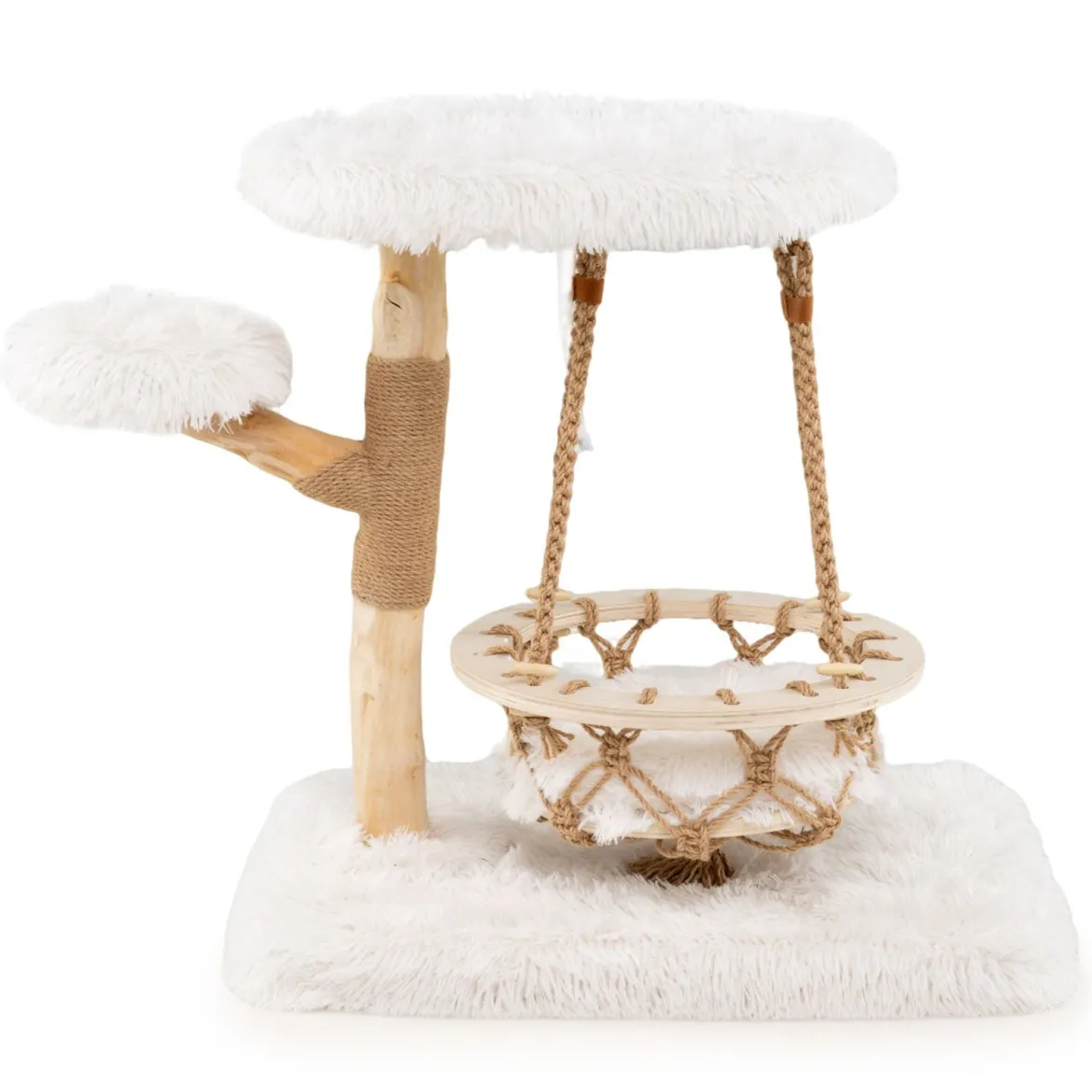 Massivholz Kratzbaum mit Hängender Wiege & Sisal-Kratzposten Moderner Katzenbaum