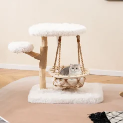 Massivholz Kratzbaum mit Hängender Wiege & Sisal-Kratzposten Moderner Katzenbaum