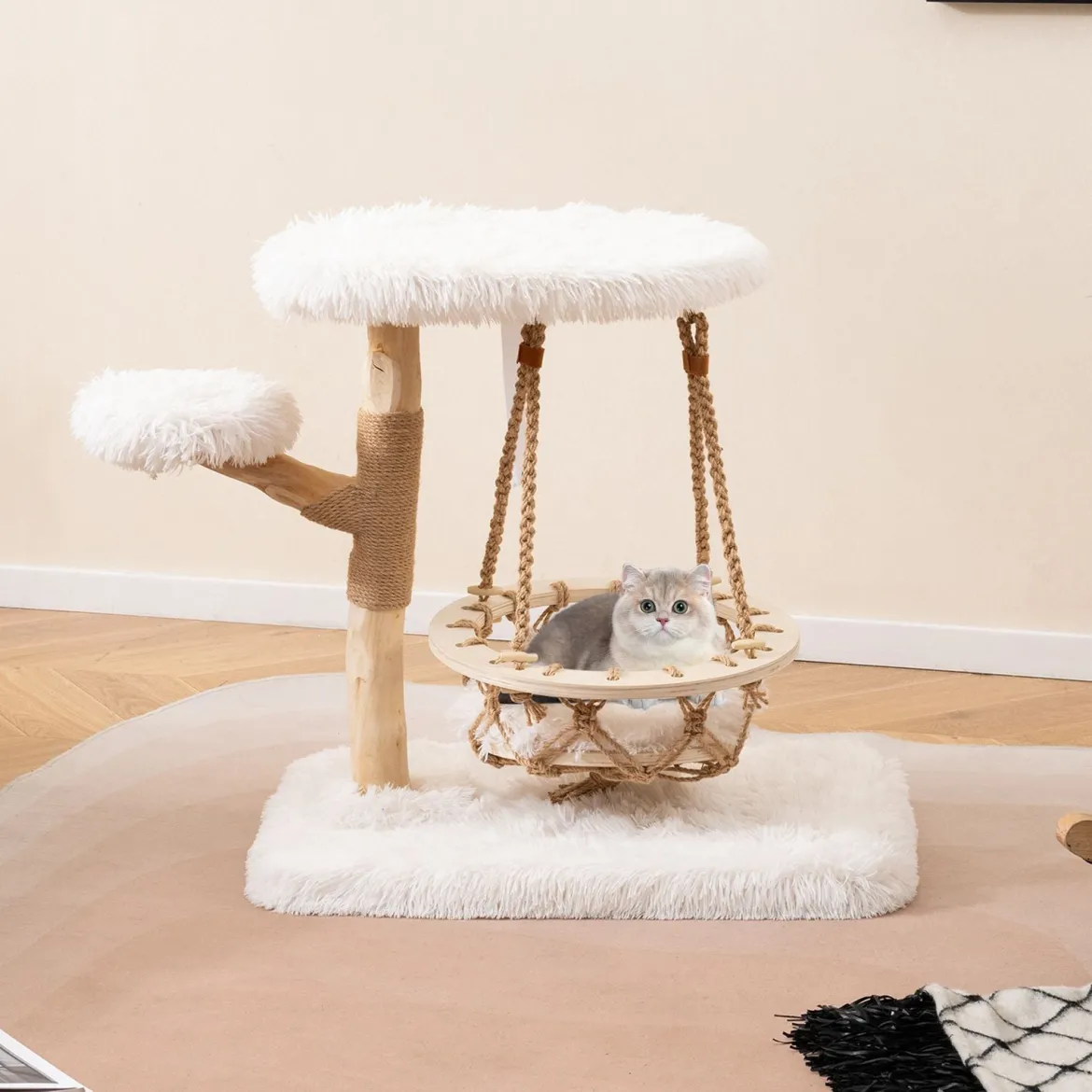 Massivholz Kratzbaum mit Hängender Wiege & Sisal-Kratzposten Moderner Katzenbaum