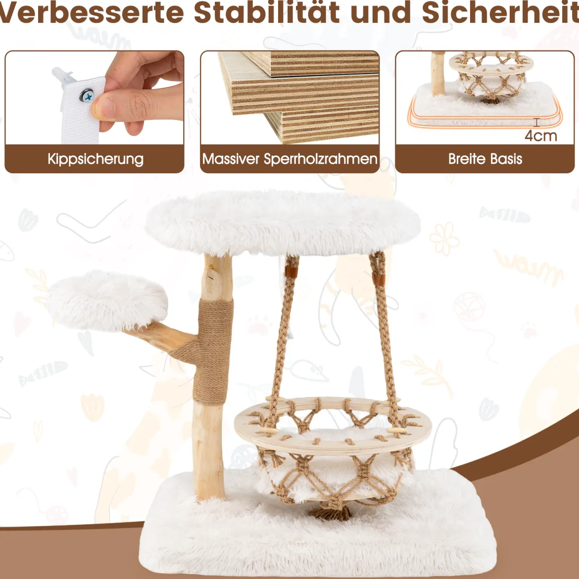 Massivholz Kratzbaum mit Hängender Wiege & Sisal-Kratzposten Moderner Katzenbaum