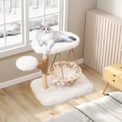 Massivholz Kratzbaum mit Hängender Wiege & Sisal-Kratzposten Moderner Katzenbaum