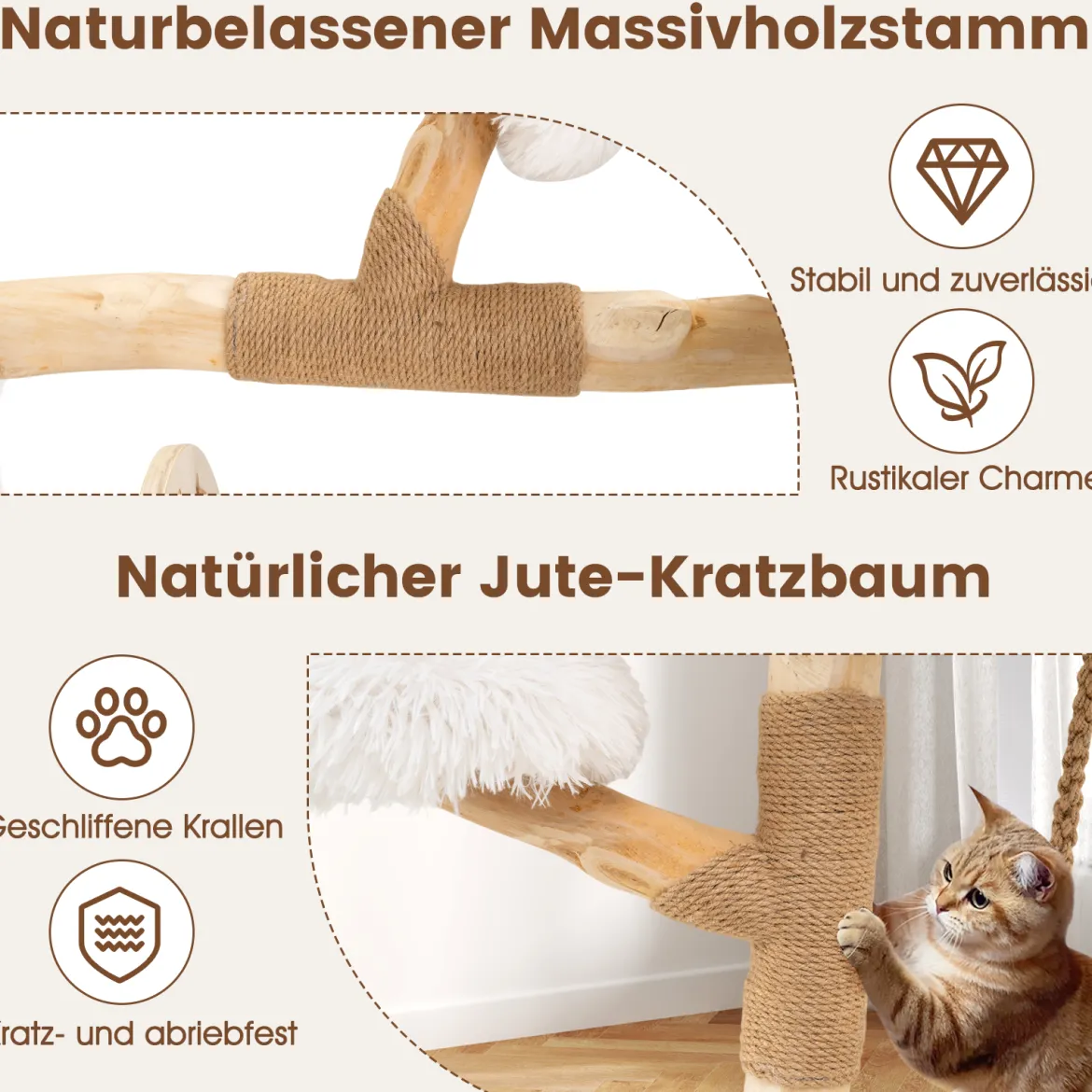 Massivholz Kratzbaum mit Hängender Wiege & Sisal-Kratzposten Moderner Katzenbaum