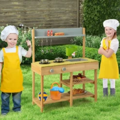 Matschküche Kinder Outdoor Kinderküche Holz mit Wasserfunktion Spielküche mit Haken & abnehmbarem Regal Natur/Orange
