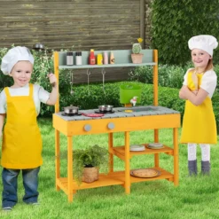Matschküche Kinder Outdoor Kinderküche Holz mit Wasserfunktion Spielküche mit Haken & abnehmbarem Regal Natur/Orange