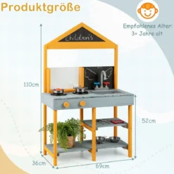 Matschküche Kinder Outdoor Kinderküche Tannenholz mit Pflanzbehälter & 2 Kreidetafeln & Wasserhahn Blau/Grün
