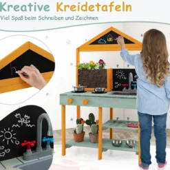 Matschküche Kinder Outdoor Kinderküche Tannenholz mit Pflanzbehälter & 2 Kreidetafeln & Wasserhahn Blau/Grün