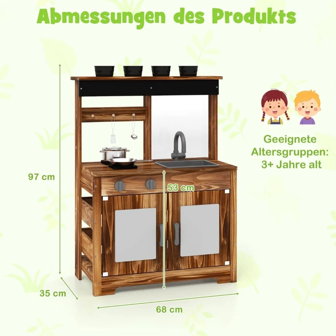 Matschküche Kinder Outdoor Kinderküche Tannenholz mit 4 Kochtöpfen Braun