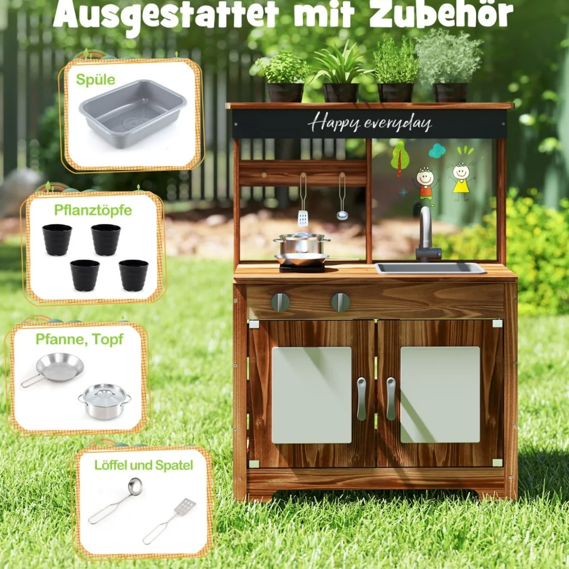 Matschküche Kinder Outdoor Kinderküche Tannenholz mit 4 Kochtöpfen Braun