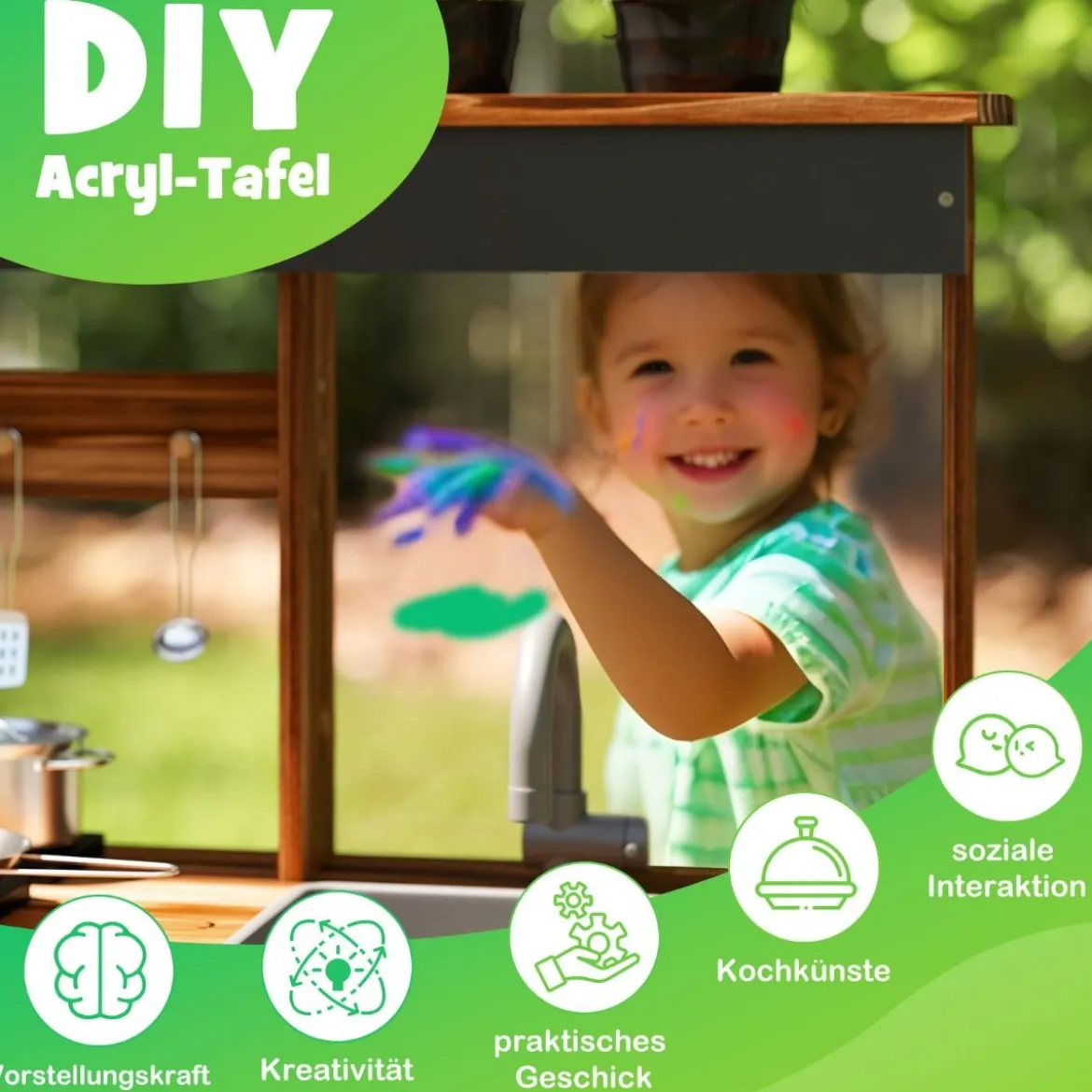 Matschküche Kinder Outdoor Kinderküche Tannenholz mit 4 Kochtöpfen Braun