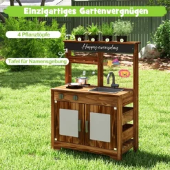 Matschküche Kinder Outdoor Kinderküche Tannenholz mit 4 Kochtöpfen Braun