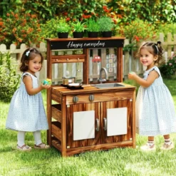 Matschküche Kinder Outdoor Kinderküche Tannenholz mit 4 Kochtöpfen Braun