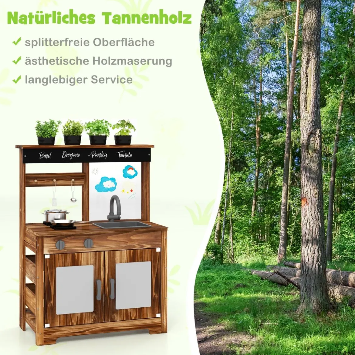 Matschküche Kinder Outdoor Kinderküche Tannenholz mit 4 Kochtöpfen Braun