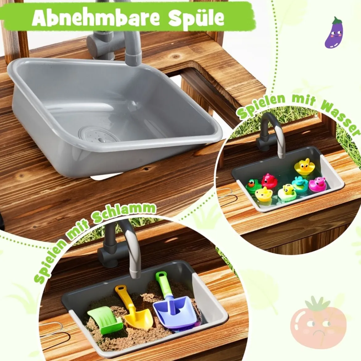Matschküche Kinder Outdoor Kinderküche Tannenholz mit 4 Kochtöpfen Braun