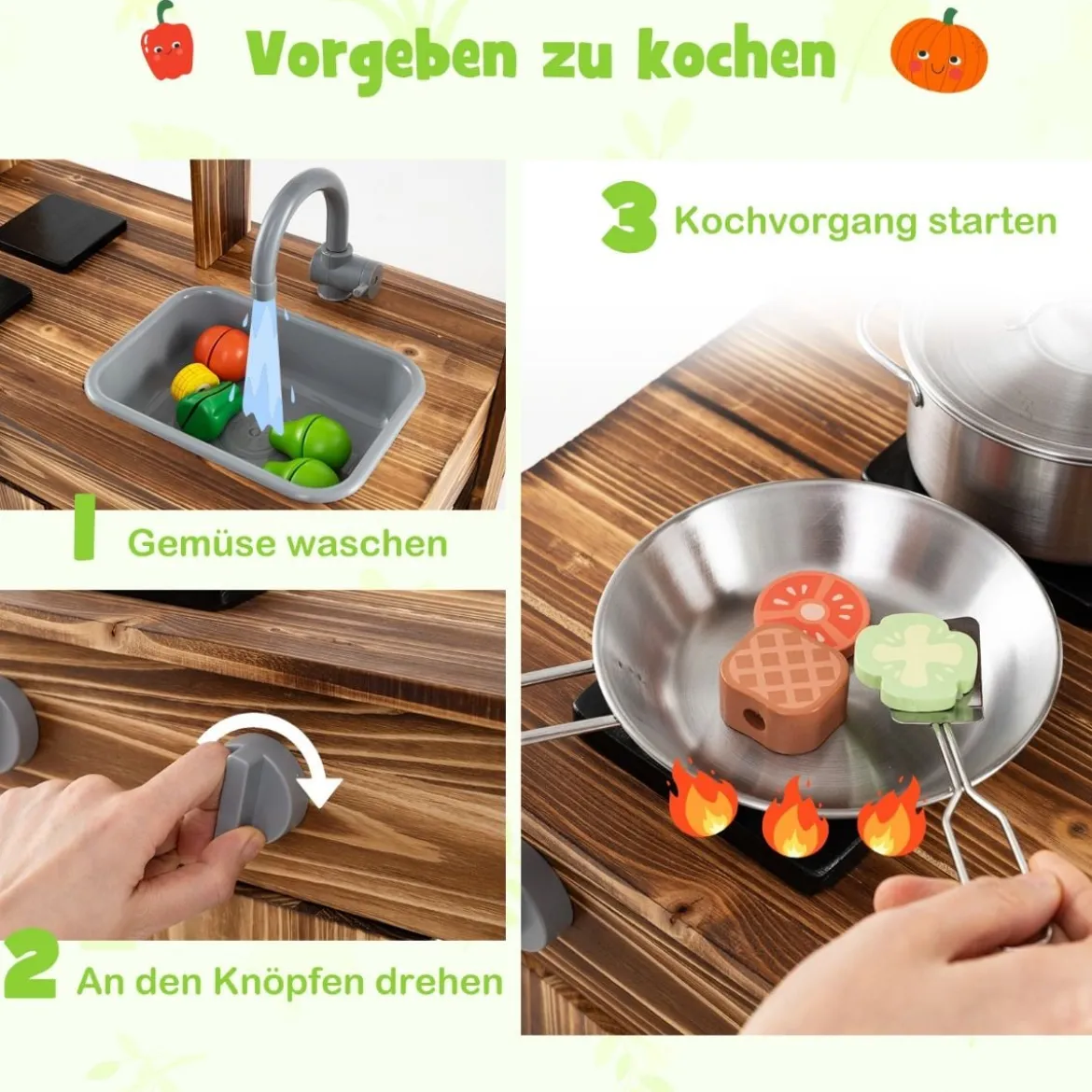 Matschküche Kinder Outdoor Kinderküche Tannenholz mit 4 Kochtöpfen Braun