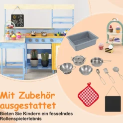 Matschküche mit Picknicktisch für Kinder Spielküche aus Tannenholz mit eingebauter Bank Blau