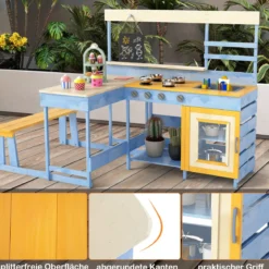 Matschküche mit Picknicktisch für Kinder Spielküche aus Tannenholz mit eingebauter Bank Blau