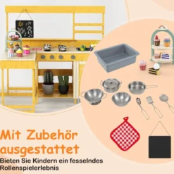 Matschküche mit Picknicktisch für Kinder Spielküche aus Tannenholz mit eingebauter Bank Natur
