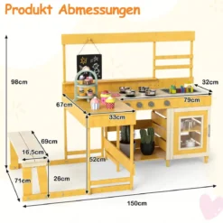 Matschküche mit Picknicktisch für Kinder Spielküche aus Tannenholz mit eingebauter Bank Natur