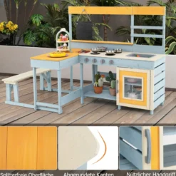 Matschküche mit Picknicktisch & Bank Kinderküche Tannenholz mit Dessertzubehör Küchengeschirr Grau