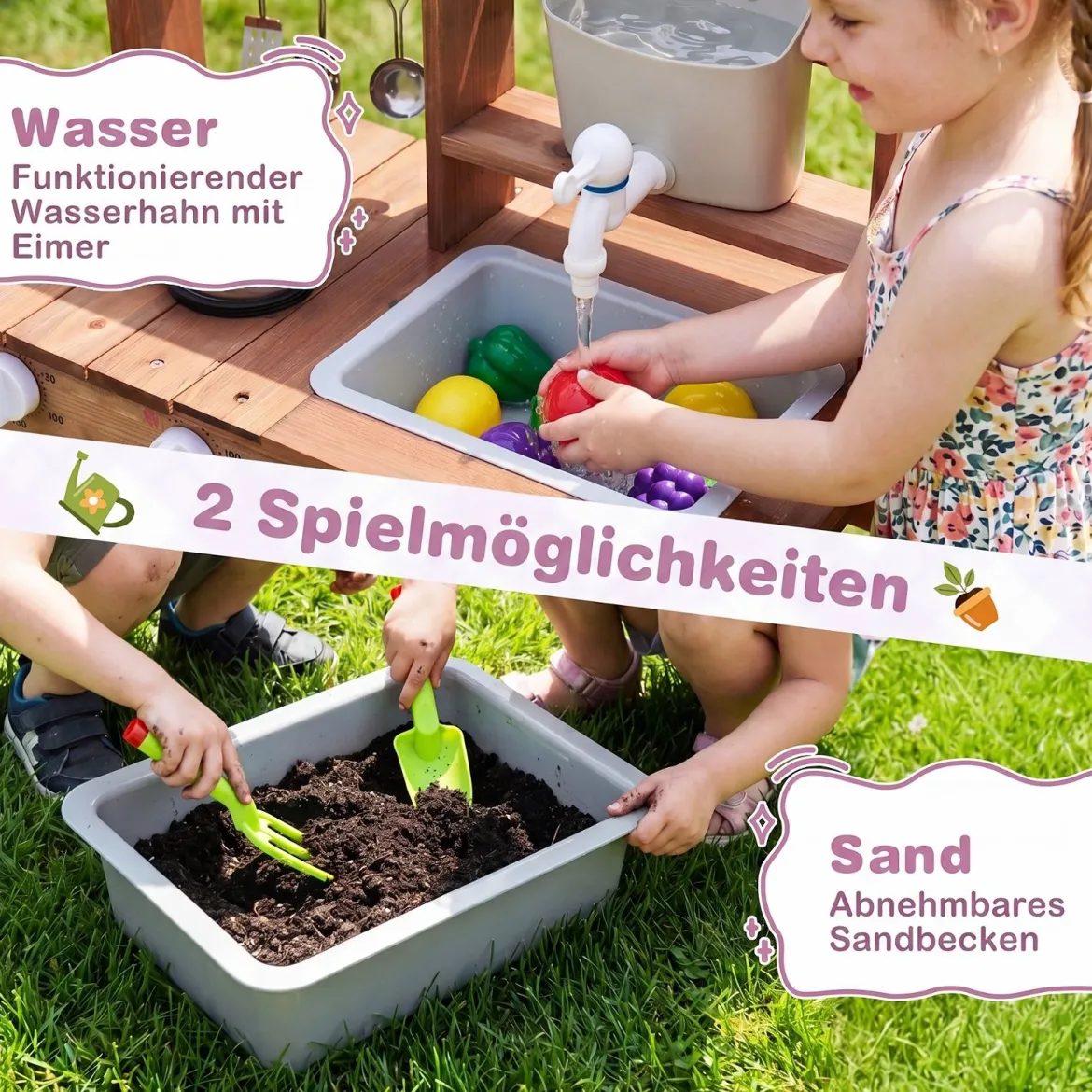 Matschküche Outdoor Spielküche aus Holz mit Wasserhahn & Spülbecken für Kinder ab 3 Jahren