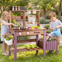Matschküche Outdoor Spielküche aus Holz mit Wasserhahn & Spülbecken für Kinder ab 3 Jahren