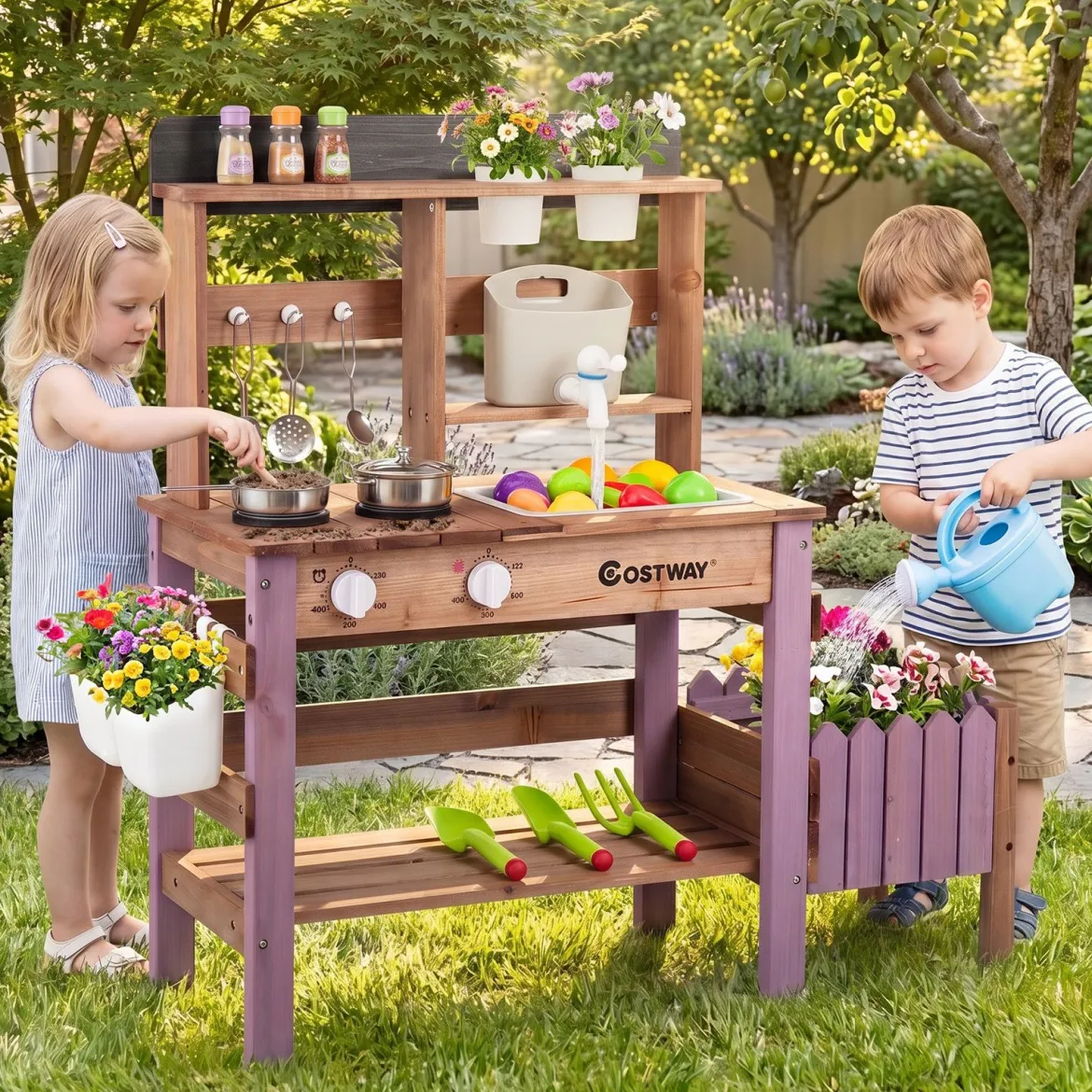 Matschküche Outdoor Spielküche aus Holz mit Wasserhahn & Spülbecken für Kinder ab 3 Jahren