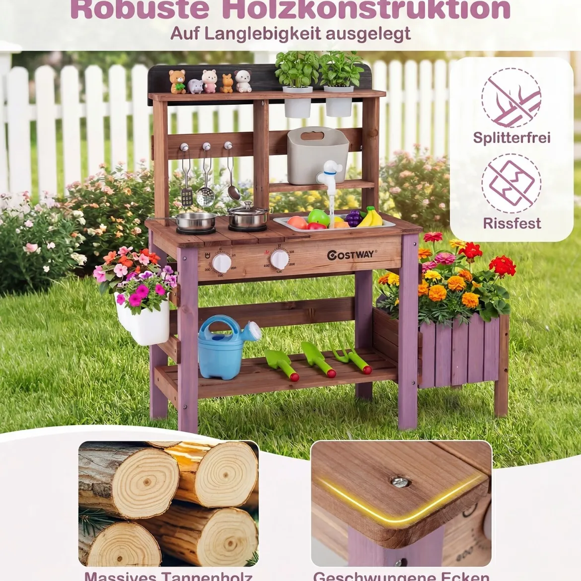 Matschküche Outdoor Spielküche aus Holz mit Wasserhahn & Spülbecken für Kinder ab 3 Jahren