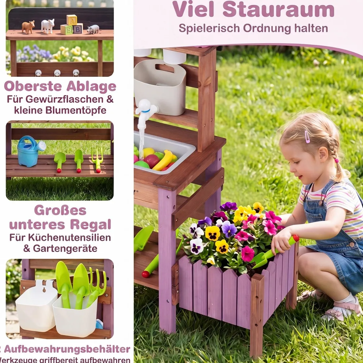 Matschküche Outdoor Spielküche aus Holz mit Wasserhahn & Spülbecken für Kinder ab 3 Jahren