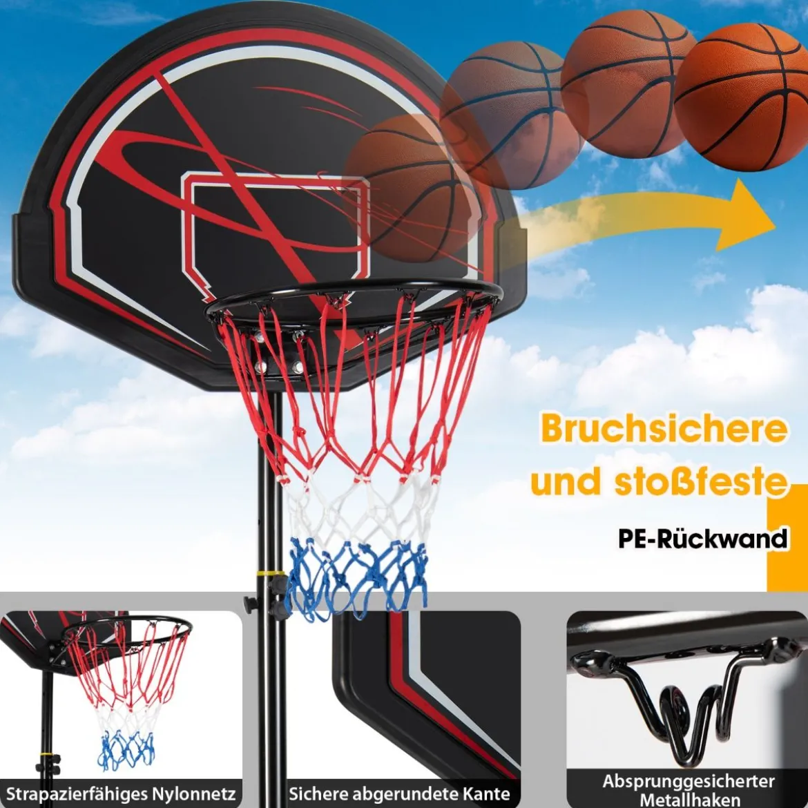 1,7–2,3 m Basketballständer mit Ring & Allwetternetz & Befüllbarer Basis & 2 Rädern