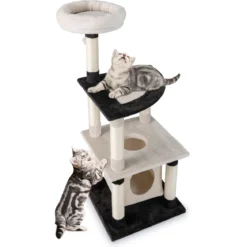 Mehrstöckiger Katzenbaum moderner hoher Katzenturm mit Sisal-Kratzpfosten & Platte gewölbte Plattform Beige