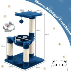 Mehrstöckiger Kratzbaum Weich Umwickelter Katzenbaum mit Gemütlicher Hängematte Blau