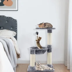 Mehrstöckiger Kratzbaum Weich Umwickelter Katzenbaum mit Gemütlicher Hängematte Grau