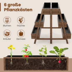 Mehrstufiges Hochbeet Blumenbeet Holz mit Lattenboden-Design & 6 Pflanzkästen Natur 126 x 90 x 115 cm