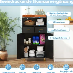 Mehrzweckschrank mit Doppeltür & 2 Schubladen & Einstellbarem Regal Küchenschrank Schwarz