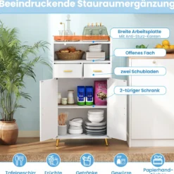 Mehrzweckschrank mit Doppeltür & 2 Schubladen & Einstellbarem Regal Küchenschrank Weiß