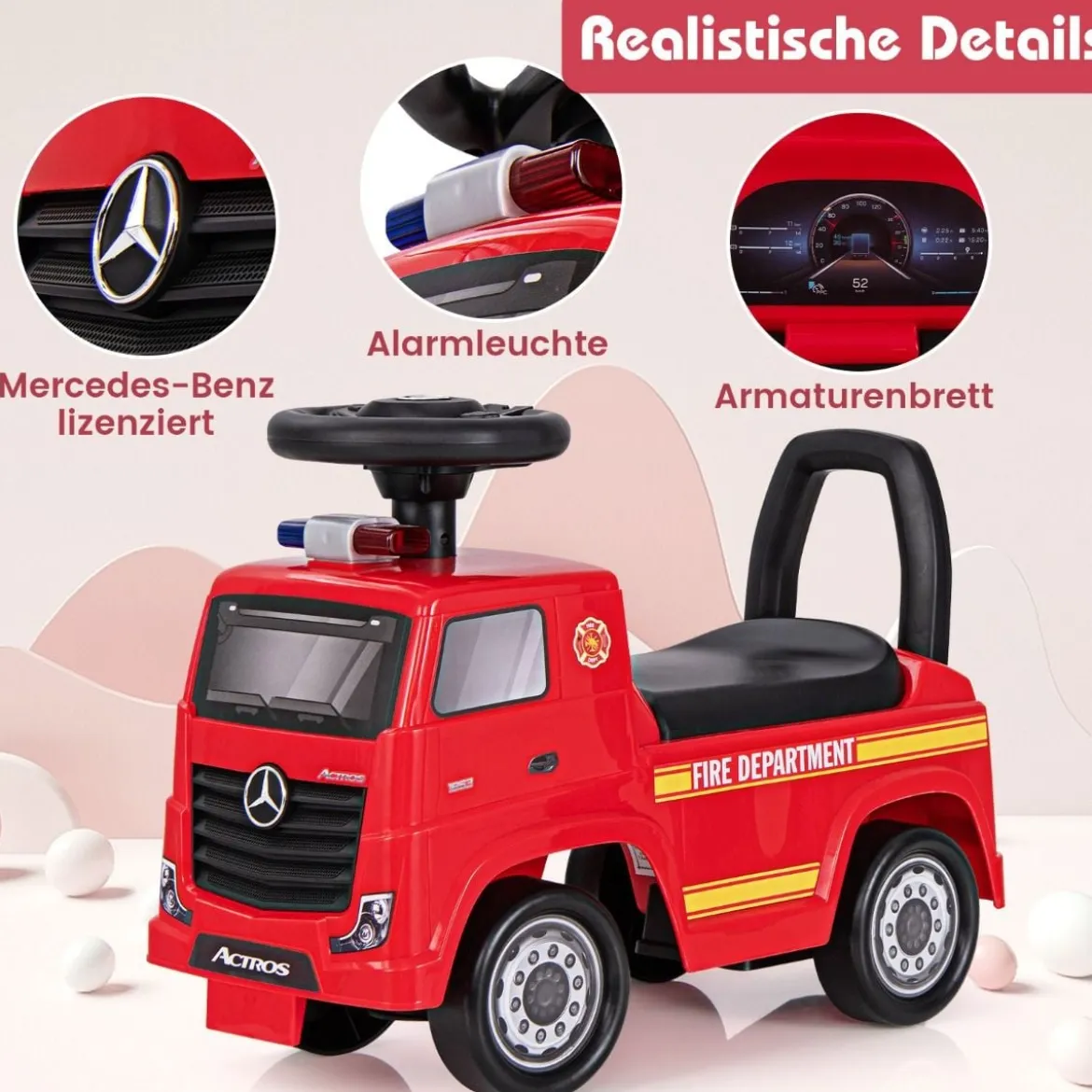 Mercedes Benz Rutschauto Schiebeauto mit Stauraum Feuerwehrauto mit Warnlampe Rot